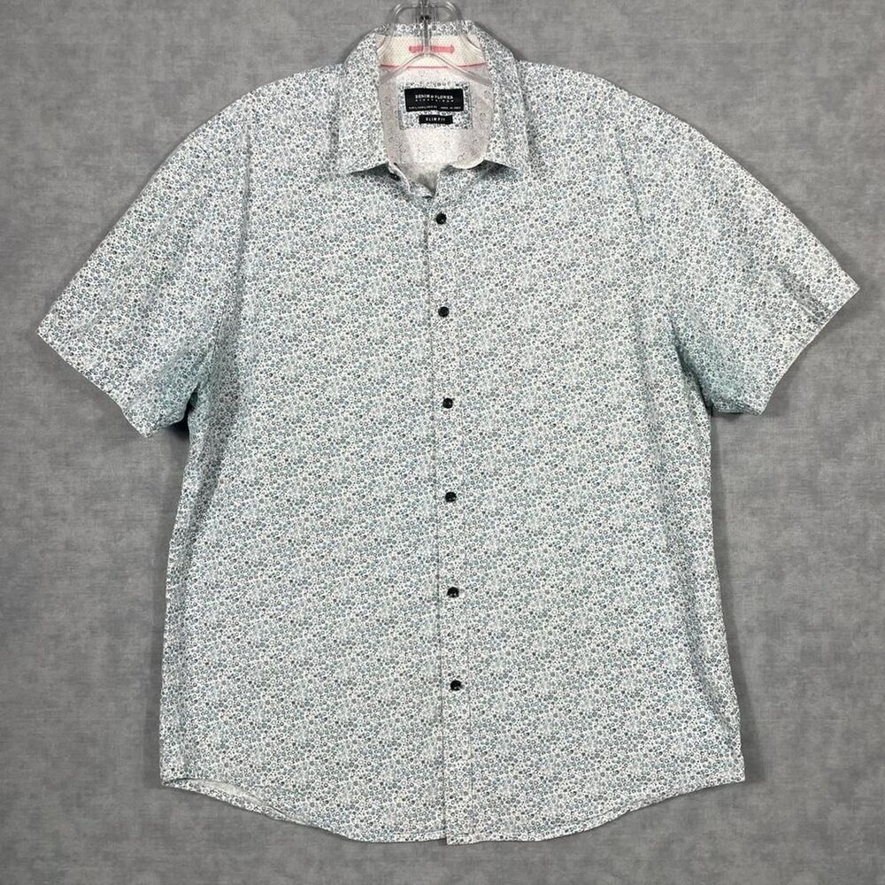 Denim & Flower blue floral short sleeve button up shirt.
